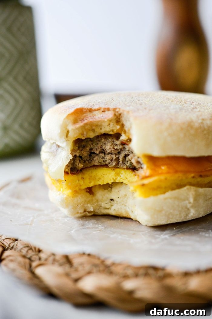 Hearty Sausage Egg and Cheese Breakfast Melts 23 Sausage Egg and Cheese Breakfast Sandwich with a bite missing