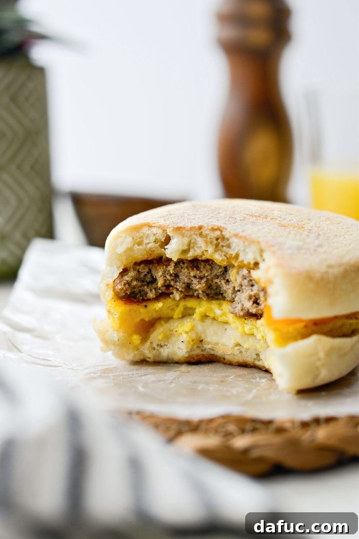 Hearty Sausage Egg and Cheese Breakfast Melts 24 Sausage Egg and Cheese Breakfast Sandwich with a bite taken out, showing the layers