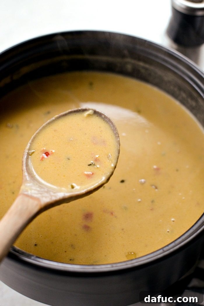 Harvest Ale & Creamy Cheddar Pumpkin Soup 16 Smooth and creamy Pumpkin Beer Cheese Soup after the cheddar cheese has melted in, ready for seasoning.