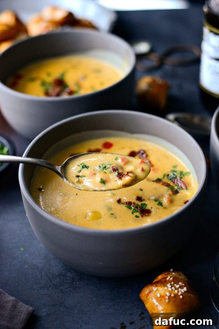 Harvest Ale & Creamy Cheddar Pumpkin Soup 22 A final shot of the hearty Pumpkin Beer Cheese Soup, garnished and ready to be enjoyed.