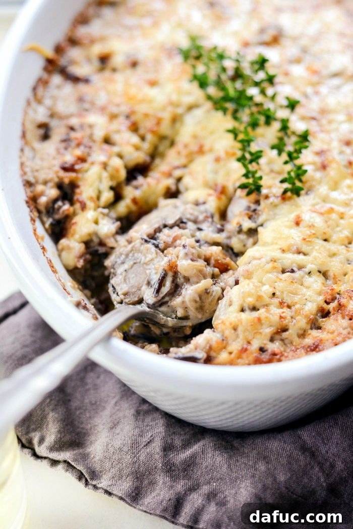 Hearty Mushroom Wild Rice Bake 16 A full serving of Mushroom Wild Rice Casserole on a plate, garnished with fresh herbs.