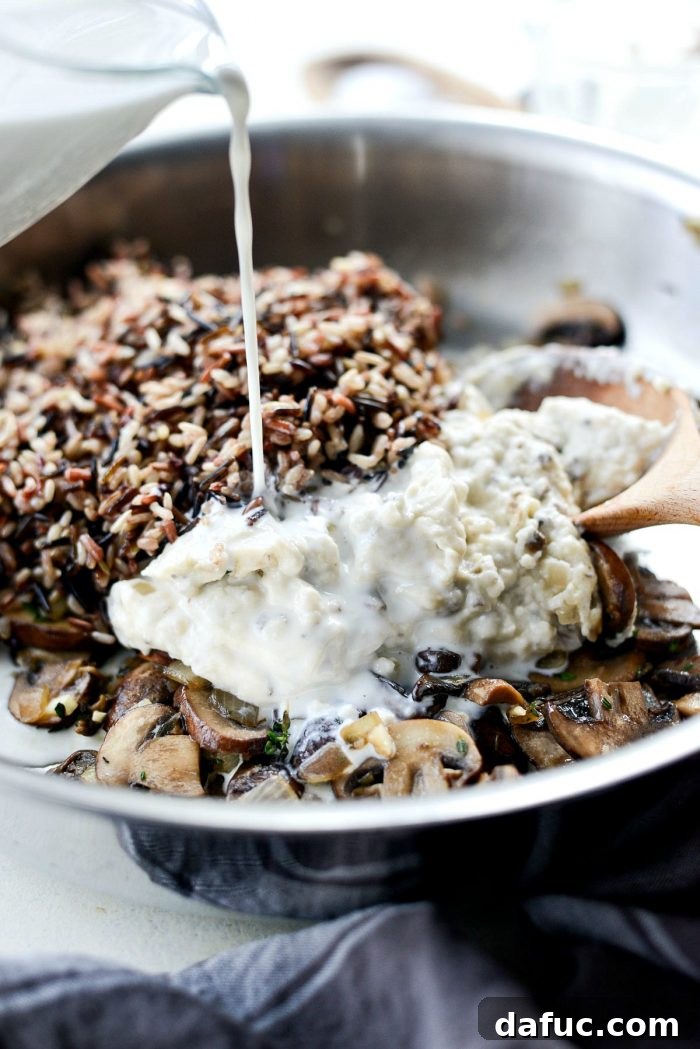 Hearty Mushroom Wild Rice Bake 8 Minced garlic and chopped fresh thyme added to the sautéed mushrooms and onions.