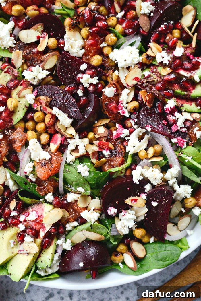 Beautifully plated Roasted Grapefruit Beet Salad with all components visible.