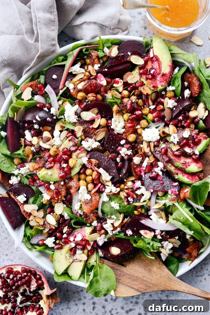Full view of the Roasted Grapefruit Beet Salad on a festive platter, ready to be served.