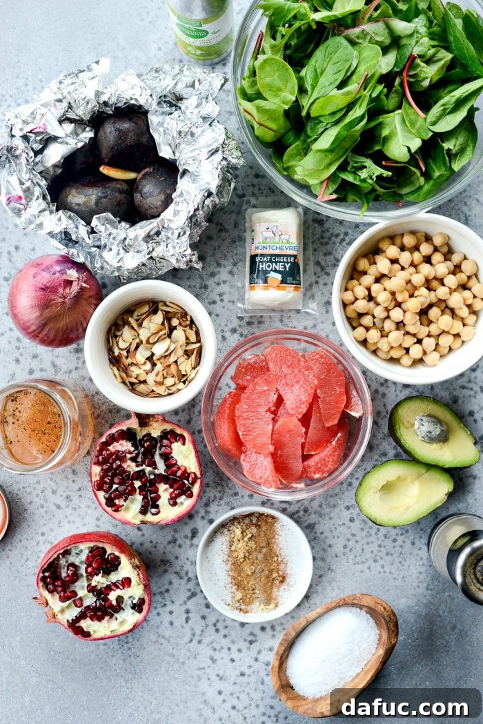 Ingredients laid out for a homemade Roasted Grapefruit Beet Salad dressing.