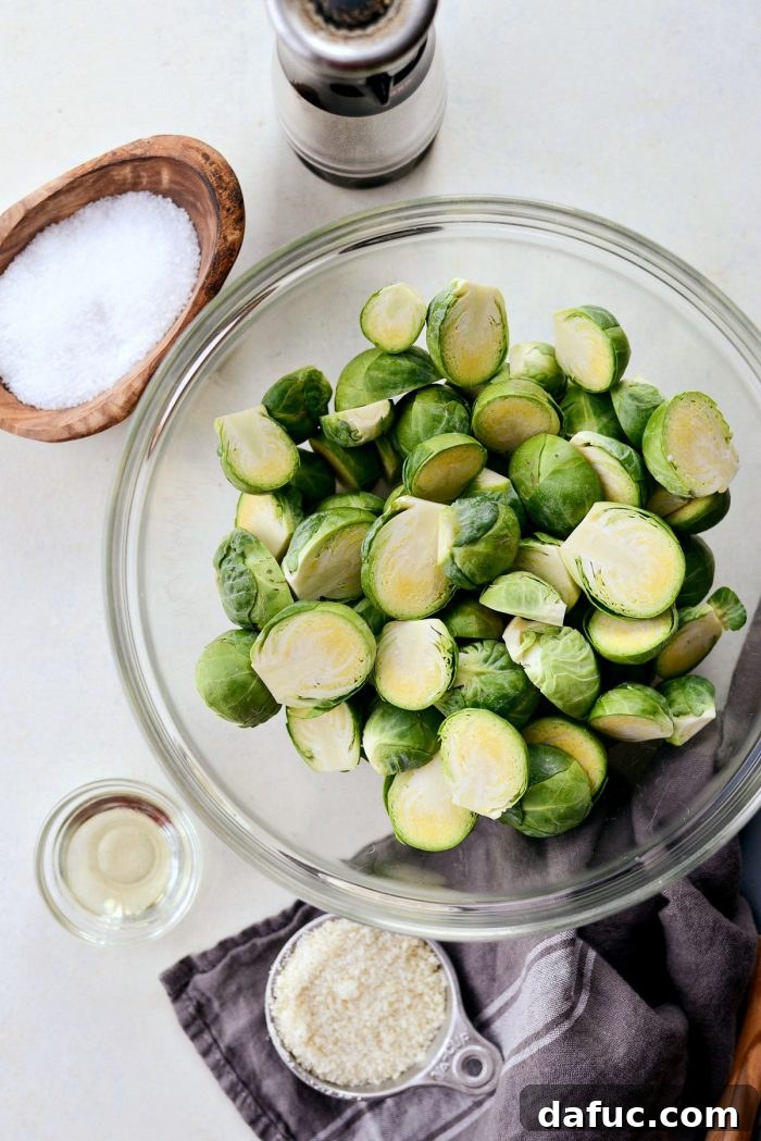 Ingredients for simple Air Fryer Brussels Sprouts: sprouts, olive oil, salt, pepper.