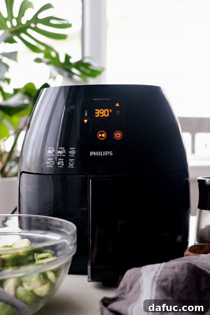 Preheated air fryer basket, ready for Brussels sprouts.