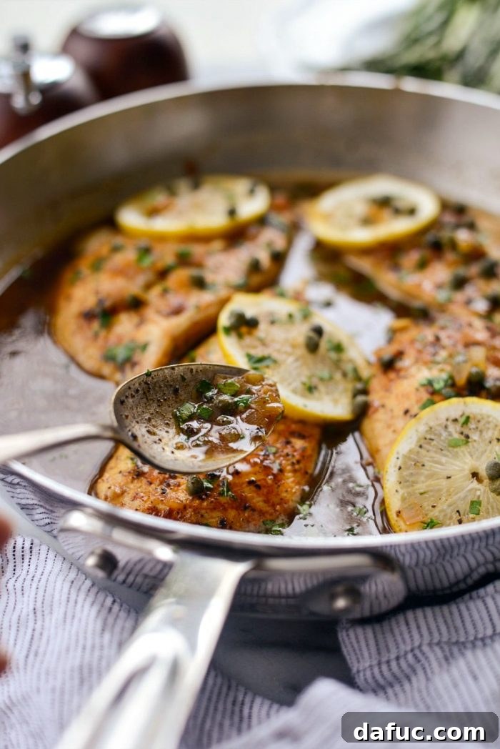 Bright & Healthy Chicken Piccata 13 Lighter Chicken Piccata simmering in lemon caper sauce