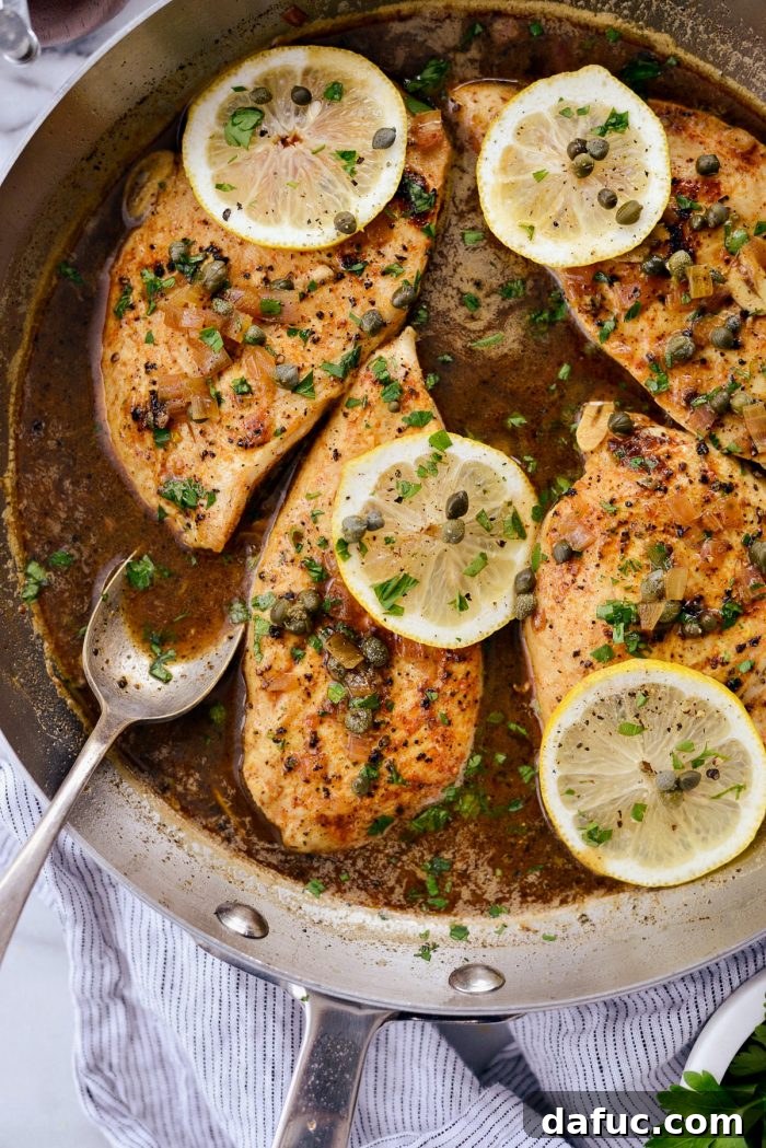 Bright & Healthy Chicken Piccata 14 Close-up of Lighter Chicken Piccata in a skillet