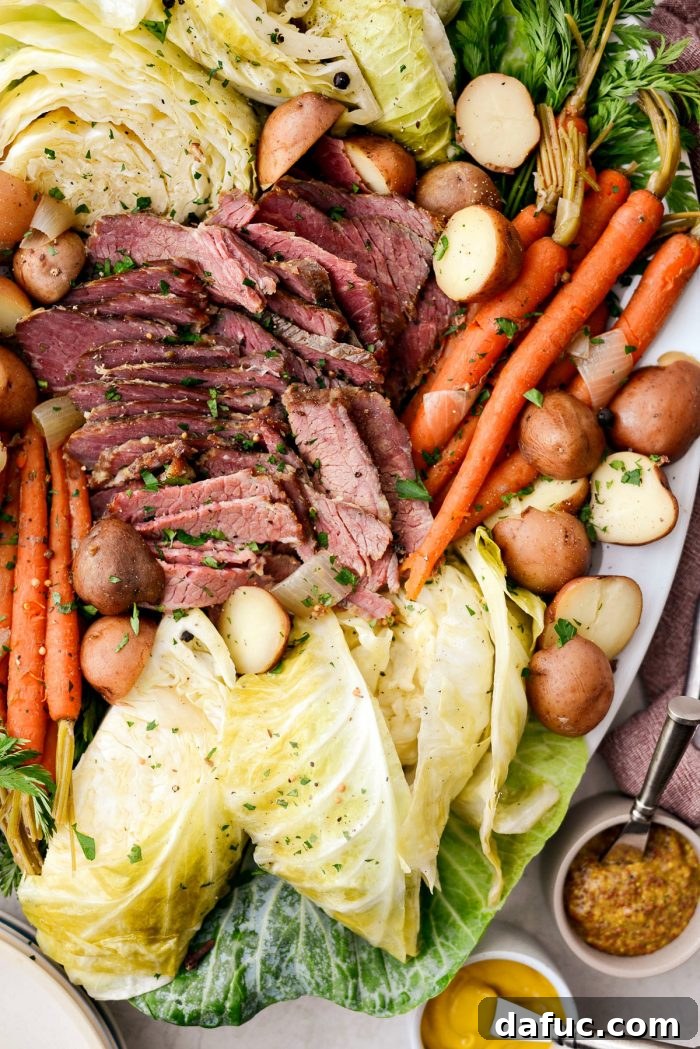 Effortless Slow Cooker Corned Beef and Cabbage 13 Perfectly sliced corned beef on a cutting board