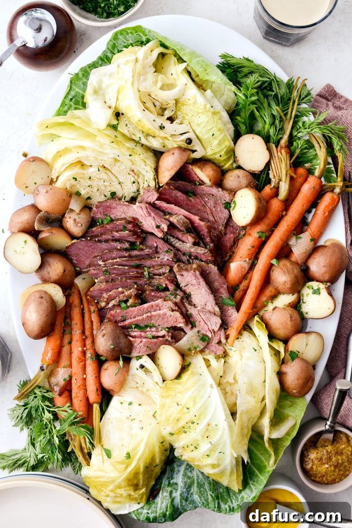 Effortless Slow Cooker Corned Beef and Cabbage 15 Close up of corned beef slices with a dollop of stone-ground mustard