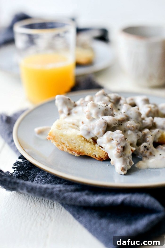A bowl of delicious Turkey Sausage Breakfast Gravy ready to be served, highlighting its rich and inviting appearance.