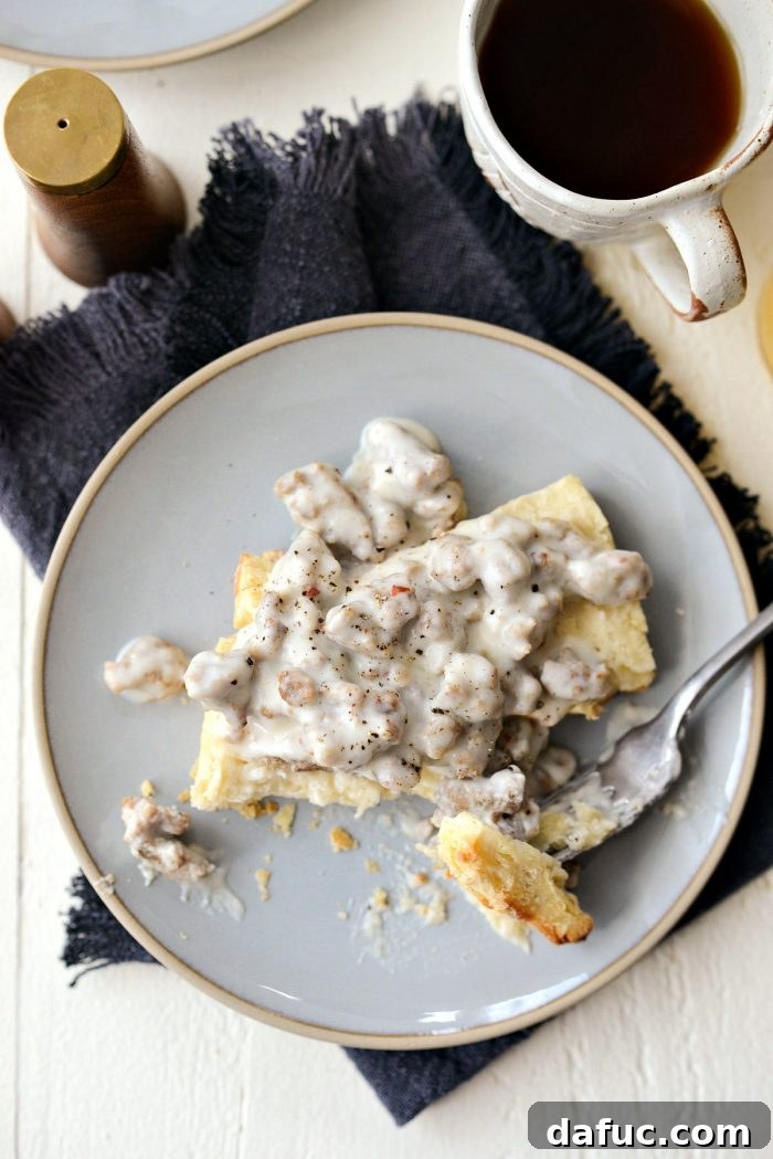 A final close-up of the delicious Turkey Sausage Breakfast Gravy, perfectly thick and ready for a comforting meal.