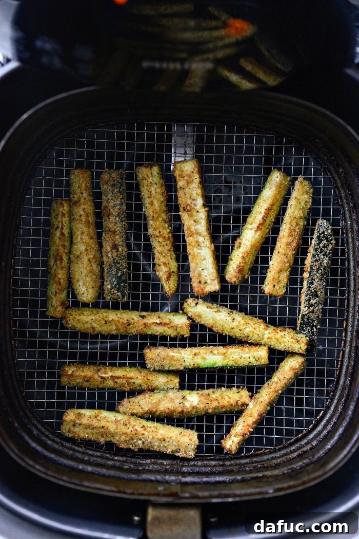 Crispy Air-Fried Zucchini Sticks 19 Perfectly golden and crispy zucchini fries after air frying.