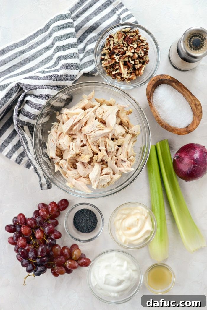 Zesty Greek Yogurt Chicken Salad with Sweet Grapes and Toasted Pecans 3 Greek yogurt chicken salad ingredients.