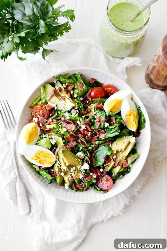 A vibrant, delicious Panera style Cobb Salad with Greek Yogurt Green Goddess Dressing