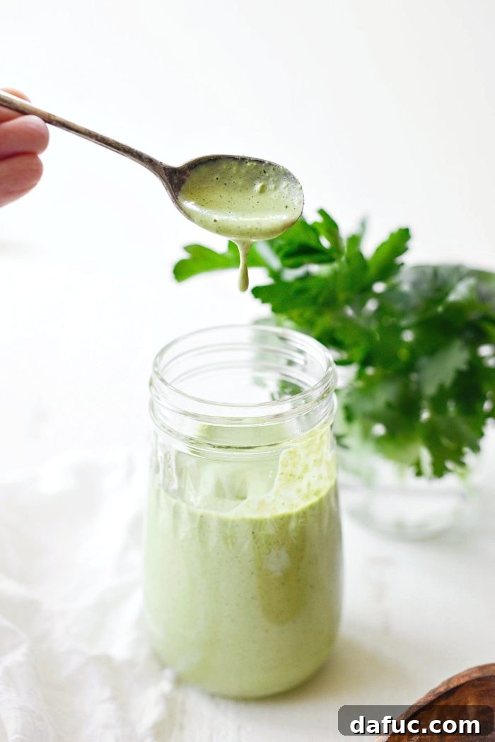 Close-up of creamy Greek Yogurt Green Goddess Salad Dressing