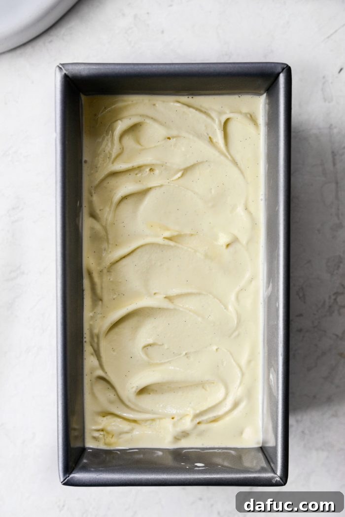 Velvet Vanilla Gelato 23 Transferring thickened ice cream to a freezer-safe dish for freezing.
