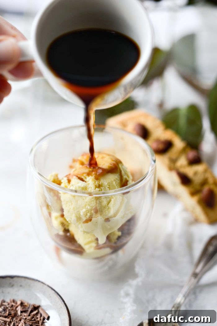 Affogato: Drowning in Delight 6 Hot espresso being poured over creamy vanilla gelato in a glass cup