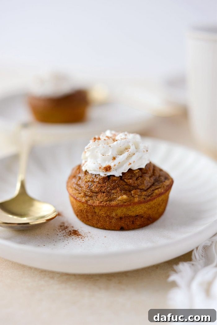 Delicious Mini Crustless Pumpkin Pies, topped with whipped cream and cinnamon