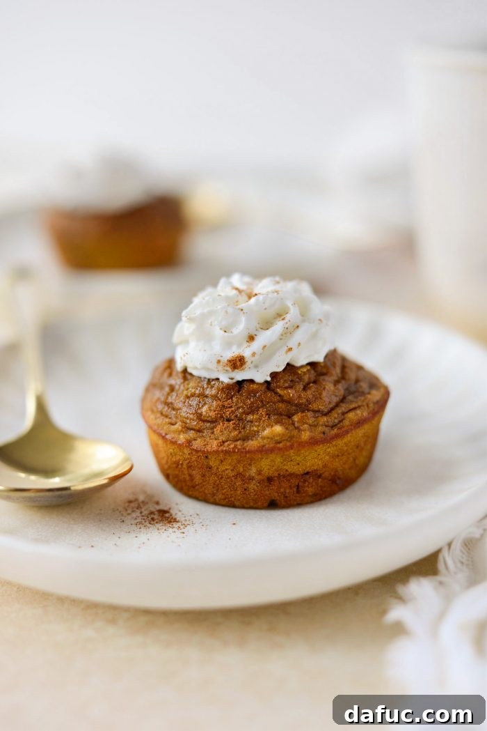 Mini Crustless Pumpkin Pie topped with whipped cream and cinnamon