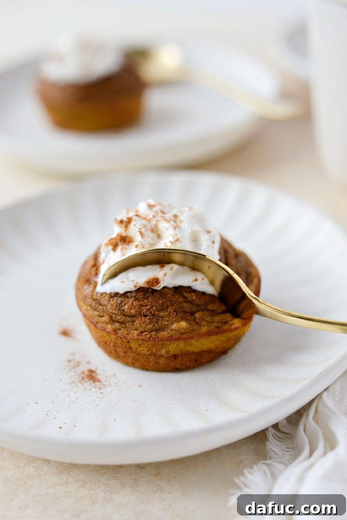 Close-up of baked Mini Crustless Pumpkin Pies in a muffin tin