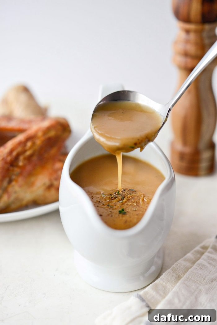 Delicious Gravy, Made in Advance 2 Make Ahead Turkey Gravy - Beautifully prepared gravy in a serving boat
