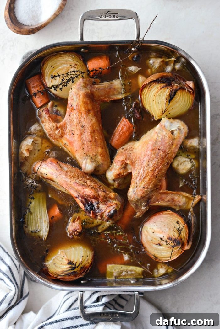 Delicious Gravy, Made in Advance 12 reduced broth in roasting pan with turkey, vegetables and thyme - Broth reduced in the roasting pan