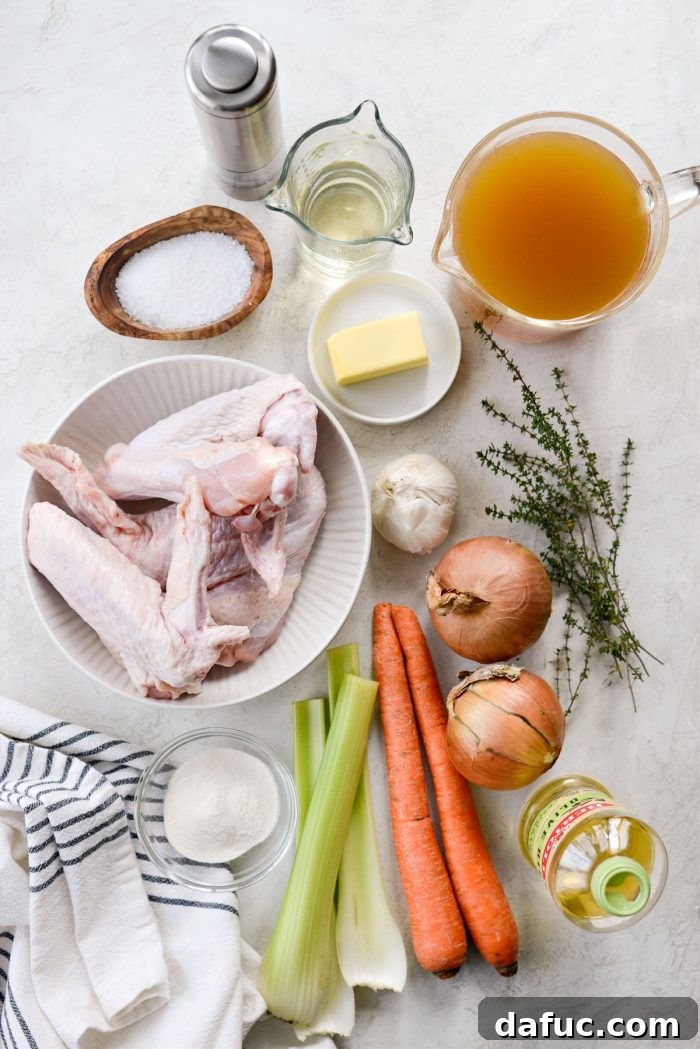 Delicious Gravy, Made in Advance 4 Make Ahead Turkey Gravy ingredients - Close up of fresh vegetables and turkey wings
