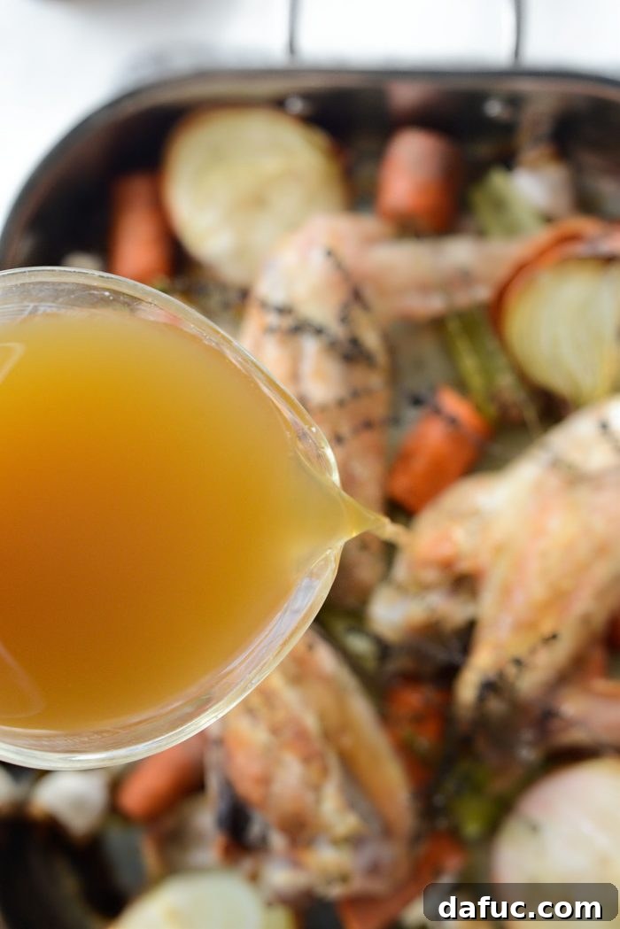 Delicious Gravy, Made in Advance 10 pour in turkey stock - Turkey stock added to the roasting pan
