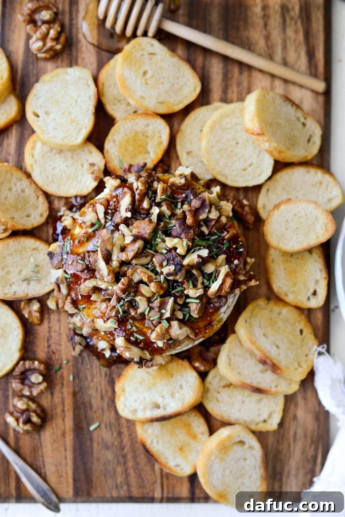Honey Baked Brie surrounded by crostini on a elegant serving platter.