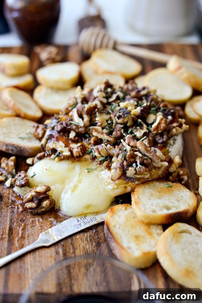 Another enticing angle of the Honey Baked Brie appetizer.