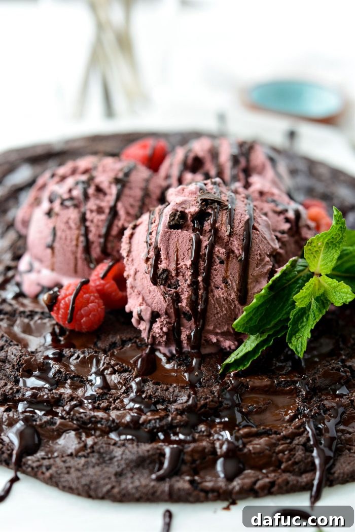 Close-up of a Double Dark Chocolate Share Cookie served with ice cream