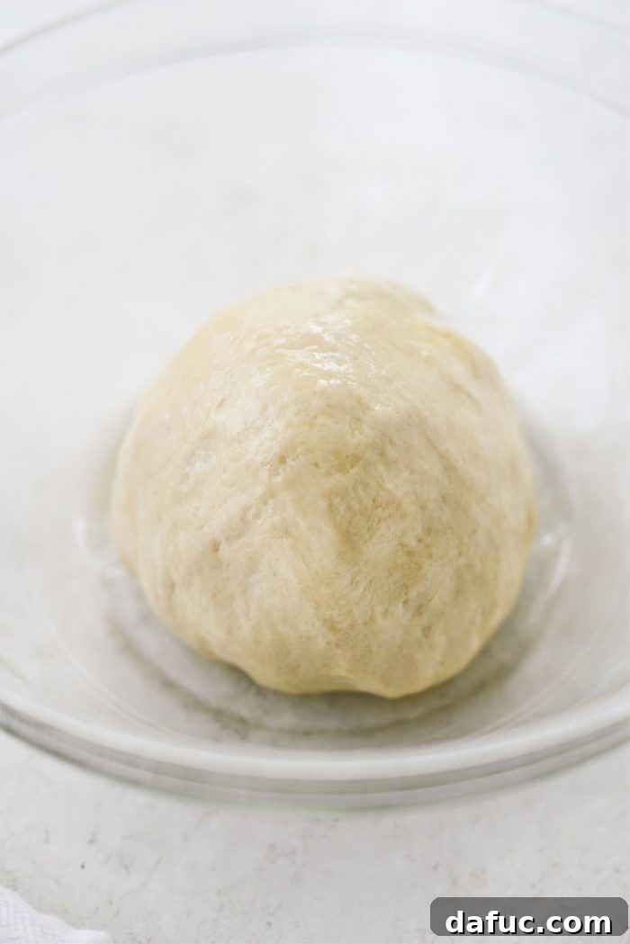 Ultimate Focaccia Pizza 13 Shaping focaccia dough into a ball and coating it with olive oil in a bowl for rising.