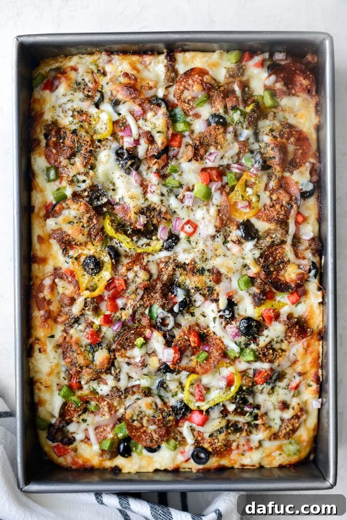 Ultimate Focaccia Pizza 26 Focaccia Pizza Supreme, fresh out of the oven, golden and bubbling.