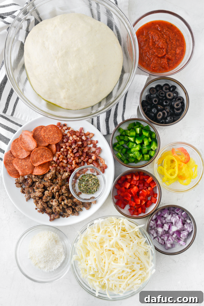 Ultimate Focaccia Pizza 4 All the fresh and flavorful ingredients for Focaccia Pizza Supreme laid out.