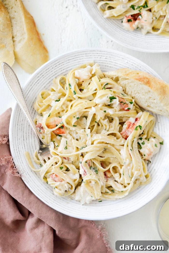 Homemade Garlicky Lobster Fettuccine Alfredo.