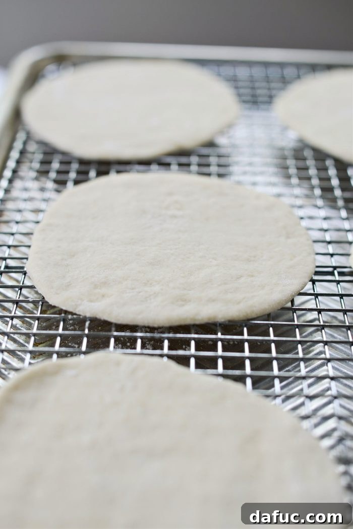Bite-Sized Pita Pockets 19 Rolled out pita dough carefully placed on a wire rack in a baking pan