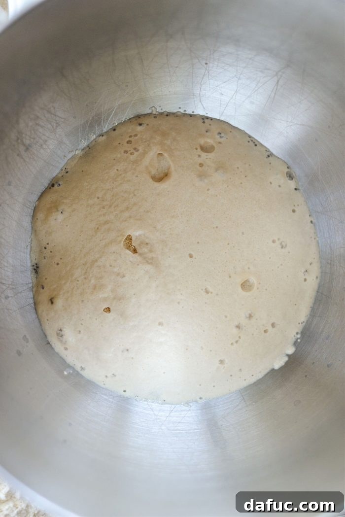 Bite-Sized Pita Pockets 5 Foamy, activated yeast mixture in a bowl, indicating its readiness