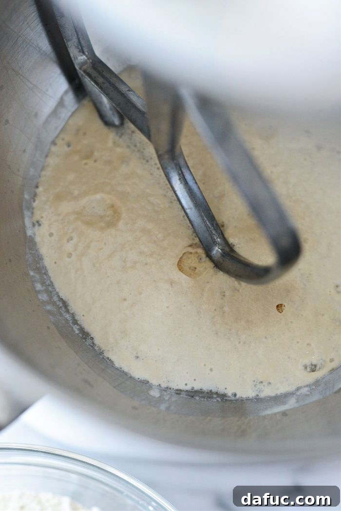 Bite-Sized Pita Pockets 6 Closeup of successfully activated yeast mixture in a stand mixer bowl