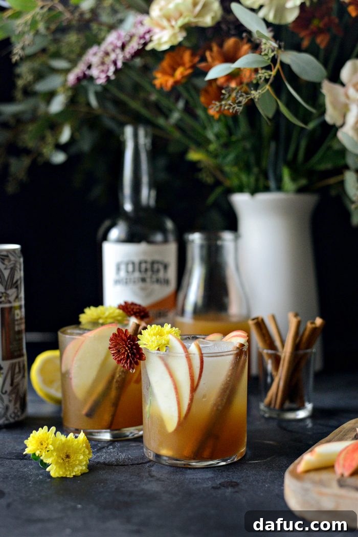 Autumn Ember Cider 2 Bonfire Cider, a perfect fall cocktail with apple slices and cinnamon sticks