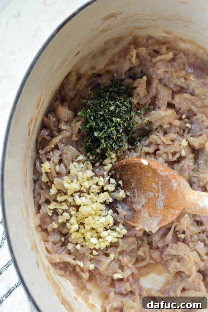 Caramelized onions with minced garlic and chopped fresh thyme added.