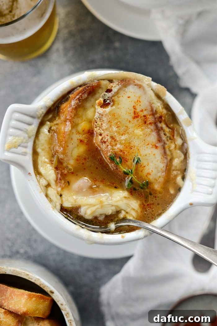 A second inviting shot of Smoky Beer French Onion Soup, ready to be enjoyed.