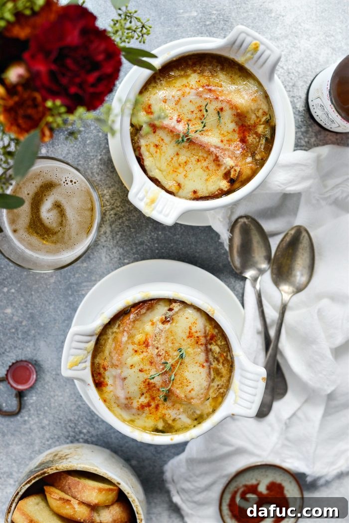 Another perspective of the finished Smoky Beer French Onion Soup, invitingly warm.
