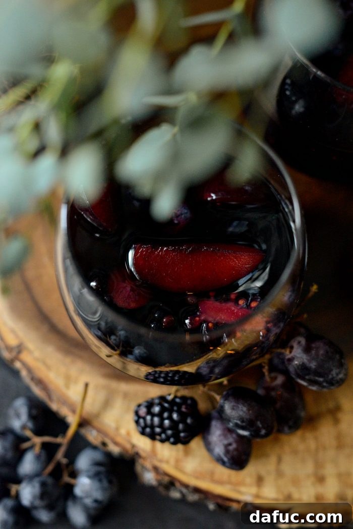 Close-up of Black Magic Sangria in a glass