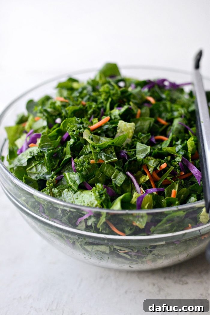 My Go-To Kale Salad Blend - A vibrant mix of kale, spinach, romaine, cabbage, and carrots, perfect for meal prep.