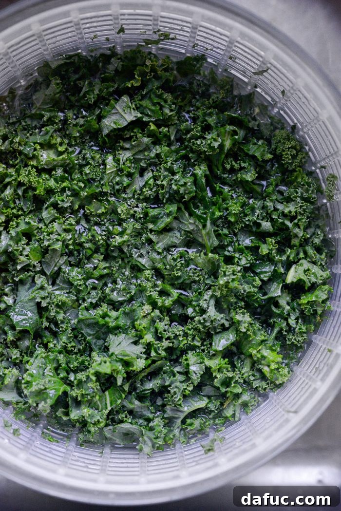 Stripping kale leaves from the stem, then chopping and washing them for the salad blend.