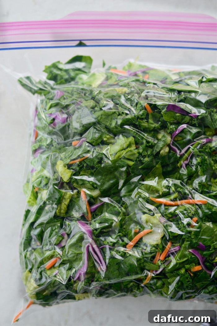 A large quantity of the prepared My Go-To Kale Salad Blend, ready for portioning and storage.