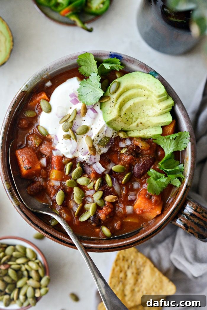 The Story of 2021 18 A hearty bowl of Vegetarian Pumpkin Chili with toppings
