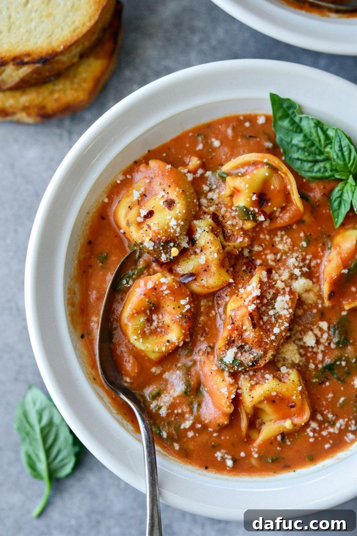 The Story of 2021 26 A bowl of Creamy Tomato Parmesan Tortellini Soup with fresh basil